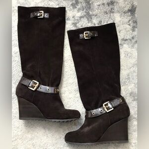 Michael Kors Norma Chocolate Brown Suede Tall Wedge Boots 10 Buckles Strappy